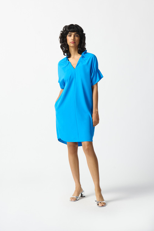 Joseph Ribkoff woven straight dress with ruffled V-neck, short dolman sleeves and delicate shirring details