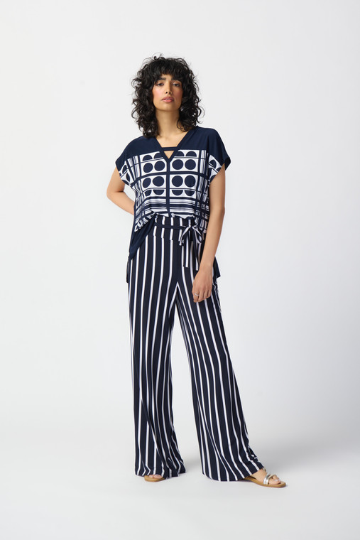 Joseph Ribkoff striped silky knit wide leg pants with wide waistband and chic sash