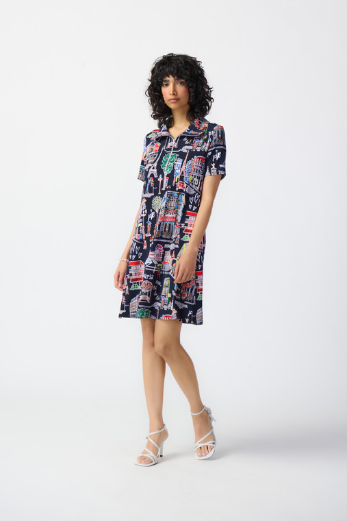 Joseph Ribkoff scenery print silky knit trapeze dress with short sleeves and zip neckline