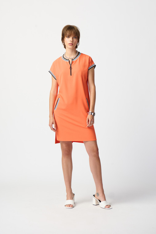 Joseph Ribkoff woven straight dress with ribbed trimming at the sleeves and neckline