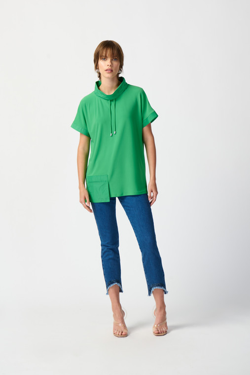 Joseph Ribkoff silky knit and memory straight top with cowl neck, pockets and short dolman sleeves