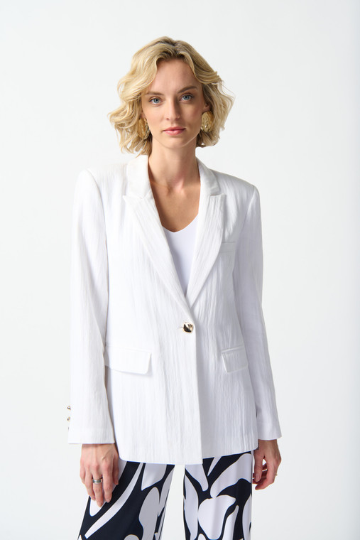 Joseph Ribkoff woven fitted blazer with bold notched collar, single buttom closure and pockets
