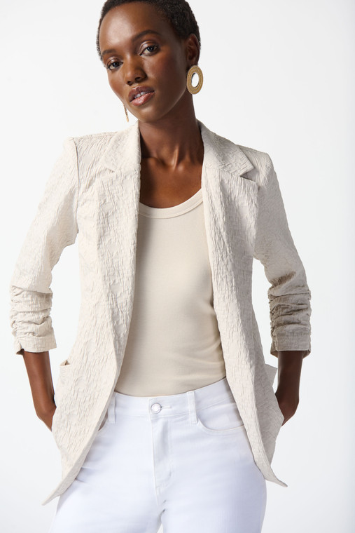 Joseph Ribkoff woven jacquard boxy blazer with shirred three quarter sleeves, side slits and pockets