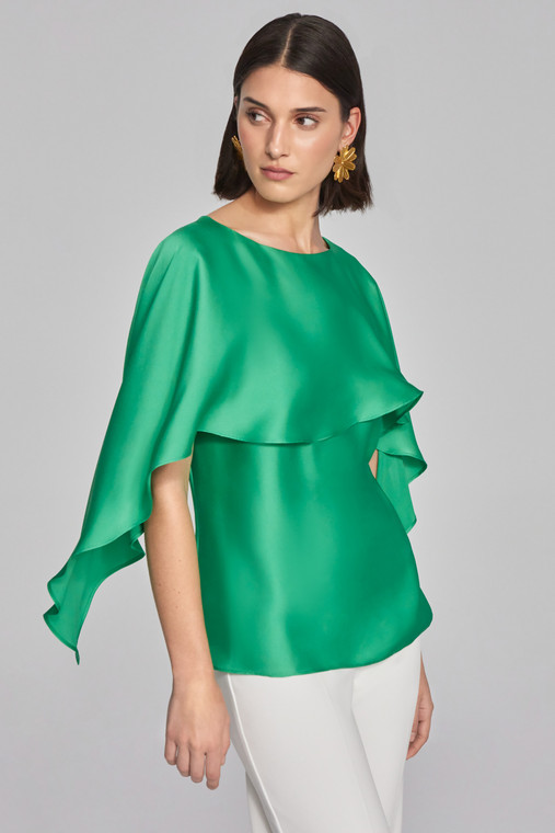 Joseph Ribkoff satin layered top with a relaxed, flared fit and a wide boat neck