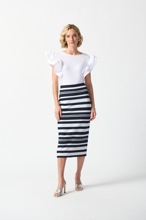 Joseph Ribkoff chic midnight/vanilla stripe jacquard knit midi skirt with high waist and back slit