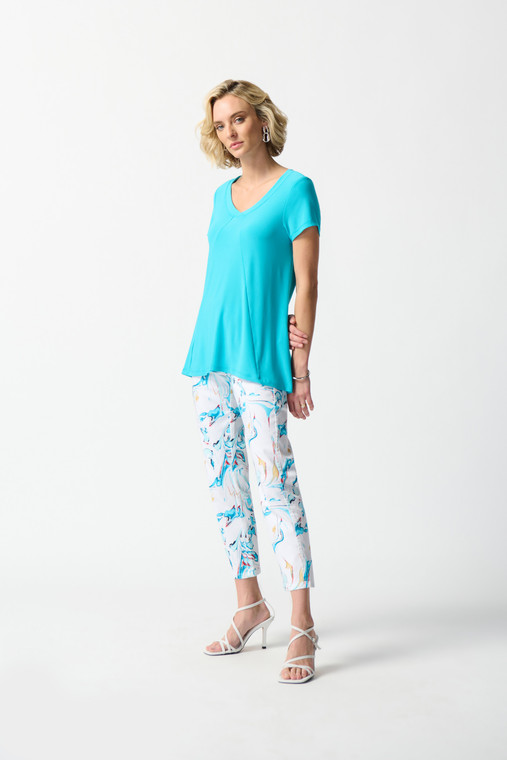 Joseph Ribkoff pull on denim abstract print slim cropped pants with hidden waistband and two back pockets