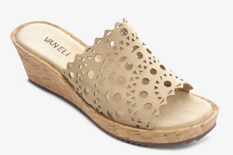 Vaneli suede wedge sandal. Laser-cut upper. Padded insole. 2.25 inch cork wedge heel