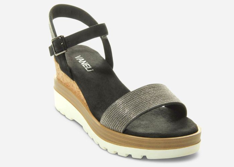 Vaneli suede platform sandals with gunmetal chain detail