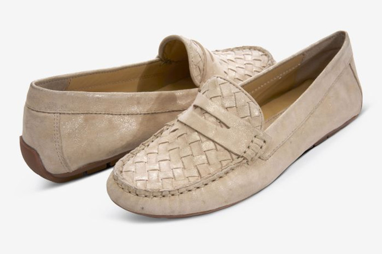 Vaneli penny loafer driving moccasin with basket weave detail.  Lightly padded insole. Rubber sole with a half-inch heel.