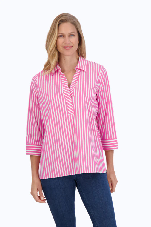 Foxcroft non-iron stretch popover with three quarter sleeves and straight hem is perfect paired with denim or dressier pants