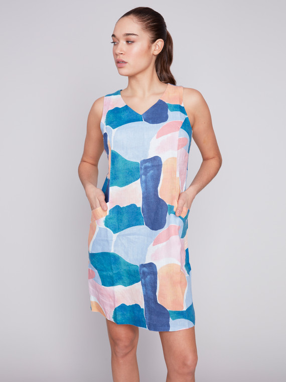 Charlie B abstract print linen dress in a flattering a-line style