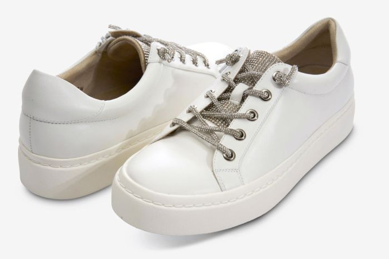 Vaneli leather sneaker with rhinestone tongue and laces and side zipper with ultra padded removable insole