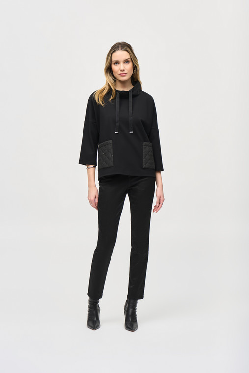Joseph Ribkoff casual heavy knit top with a boxy silhouette, quilted patch pockets and three-quarter dolman sleeves.