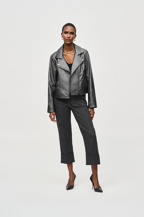 Make your everyday outfits stand out with this Joseph Ribkoff faux leather biker jacket featuring a stylish notched collar, metallic shine and zippered pockets.
