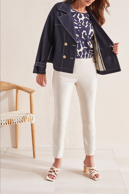 Tribal double-breasted jacket in a twill fabric accented with sleeve buckle details and a striped lining.