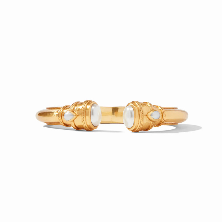 This sumptuous Julie Vos cuff features gemstone end caps and two more pear-shaped gemstones set in a luxuriously gilded shank.  24K gold plate.