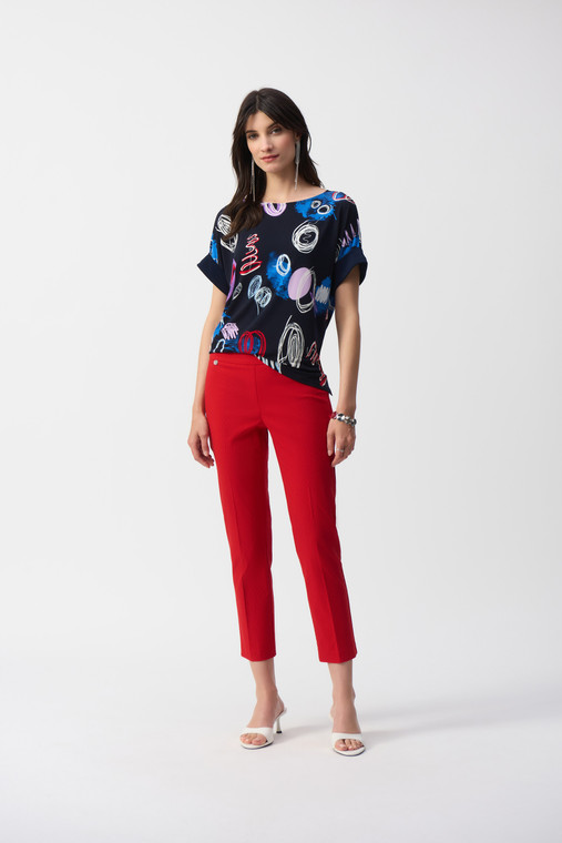 Joseph Ribkoff Simple crop silhouette pull-on pants in a soft textured jacquard with a contour waistband that ensures a superbly comfortable fit.