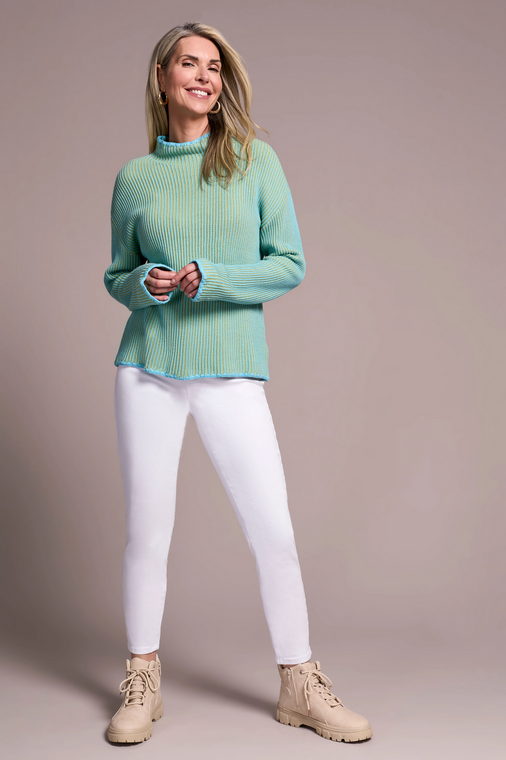 Tribal Combed Cotton Two Tone Ribbed Funnel Neck Sweater