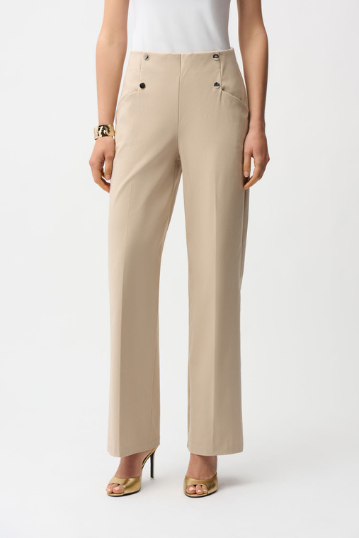 Sleek and versatile, these pull-on millennium pants feature a hidden elastic waistband, wide legs, and front pockets accented with button detailing.