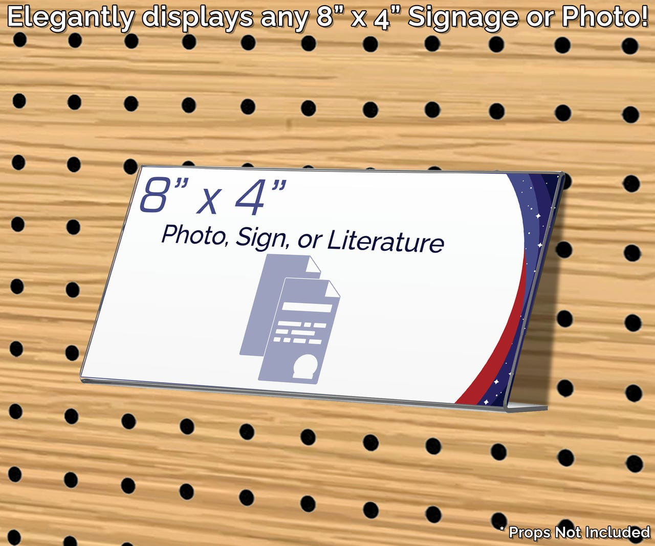 8.5"W x 4"H Pegboard Sign Display Holder Slant Back Side Load