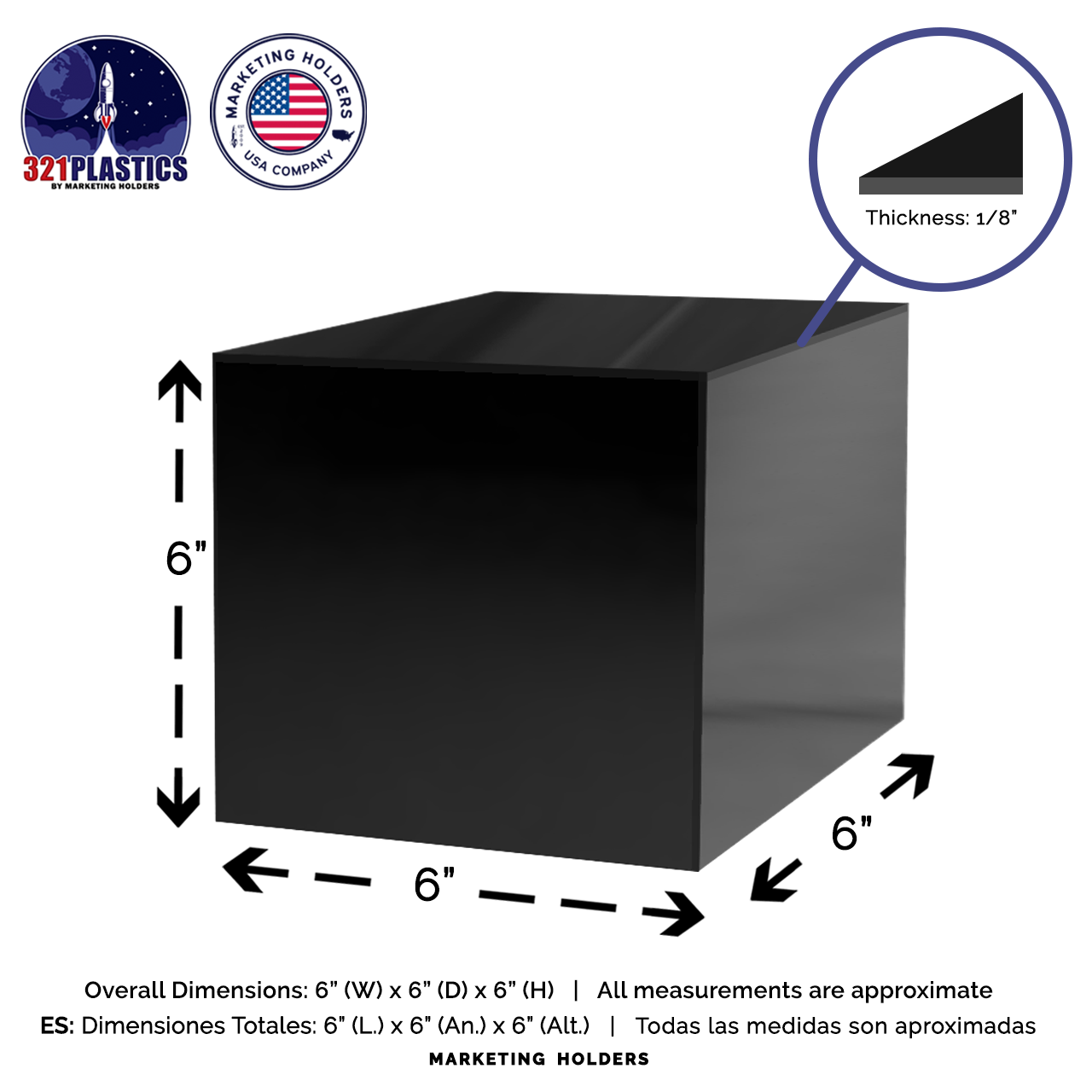 Acrylic 5 Sided Cube 6 W x 6 D x 6H