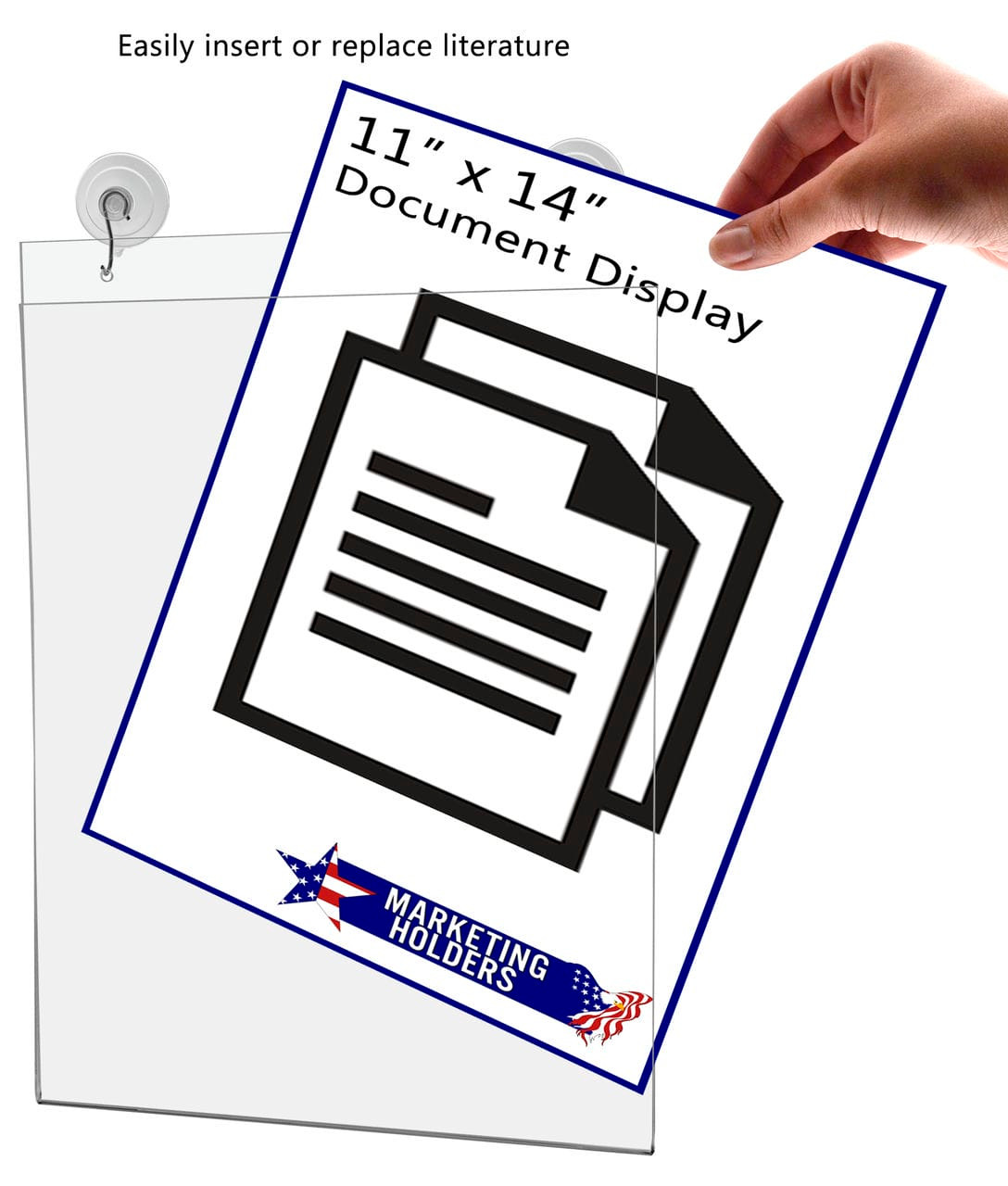 Sign or Poster Holder with Suction Cup Window Mount action shot and literature Eleven Inches Wide by Fourteen Inches High