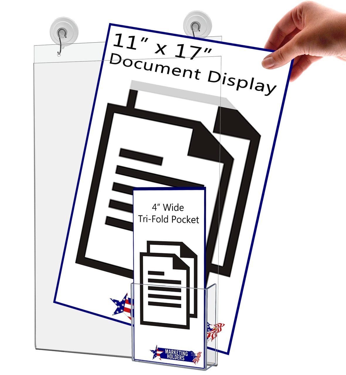 Eleven Inch Wide by Seventeen Inch High  Sign Holder Suction Cup Poster Frame with Pocket with verbiage and a vertical business card pocket