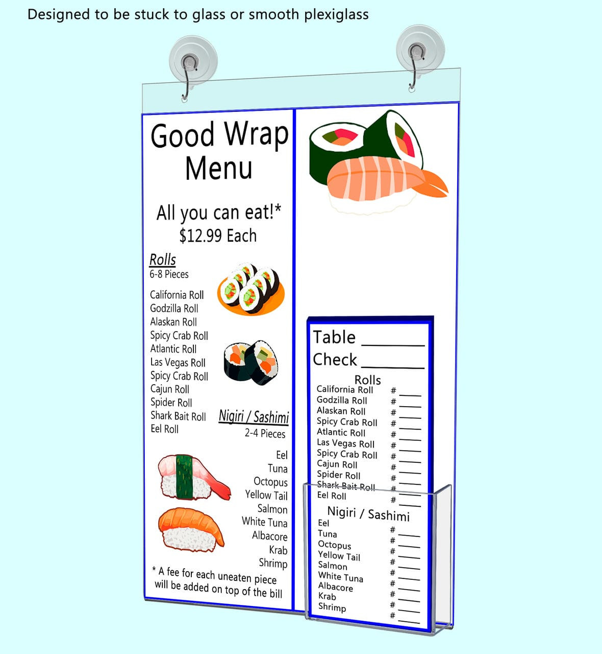 Eleven Inch Wide by Seventeen Inch High  Sign Holder Suction Cup Poster Frame with Pocket with a vertical business card and literature