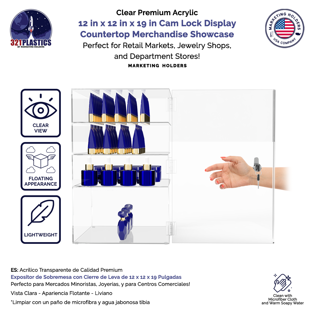 Marketing Holders Clear Lucite Locking Cabinet Free Standing 12 x 9.5 x  19 Acrylic Display with Cam Lock and Keys Multi Shelf Display Case for