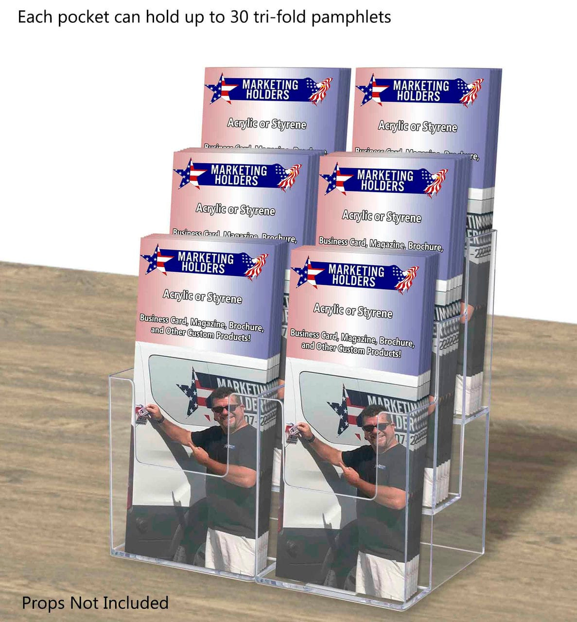 Six pocket tiered countertop and wall brochure holder on table with brochures