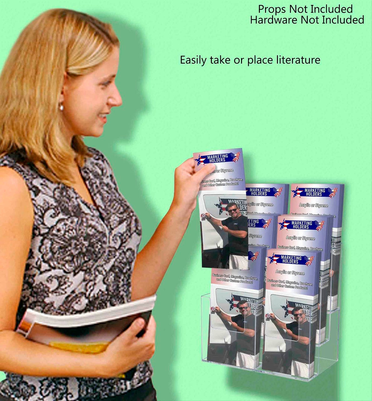 Six pocket tiered countertop and wall brochure holder wall mounted with brochures