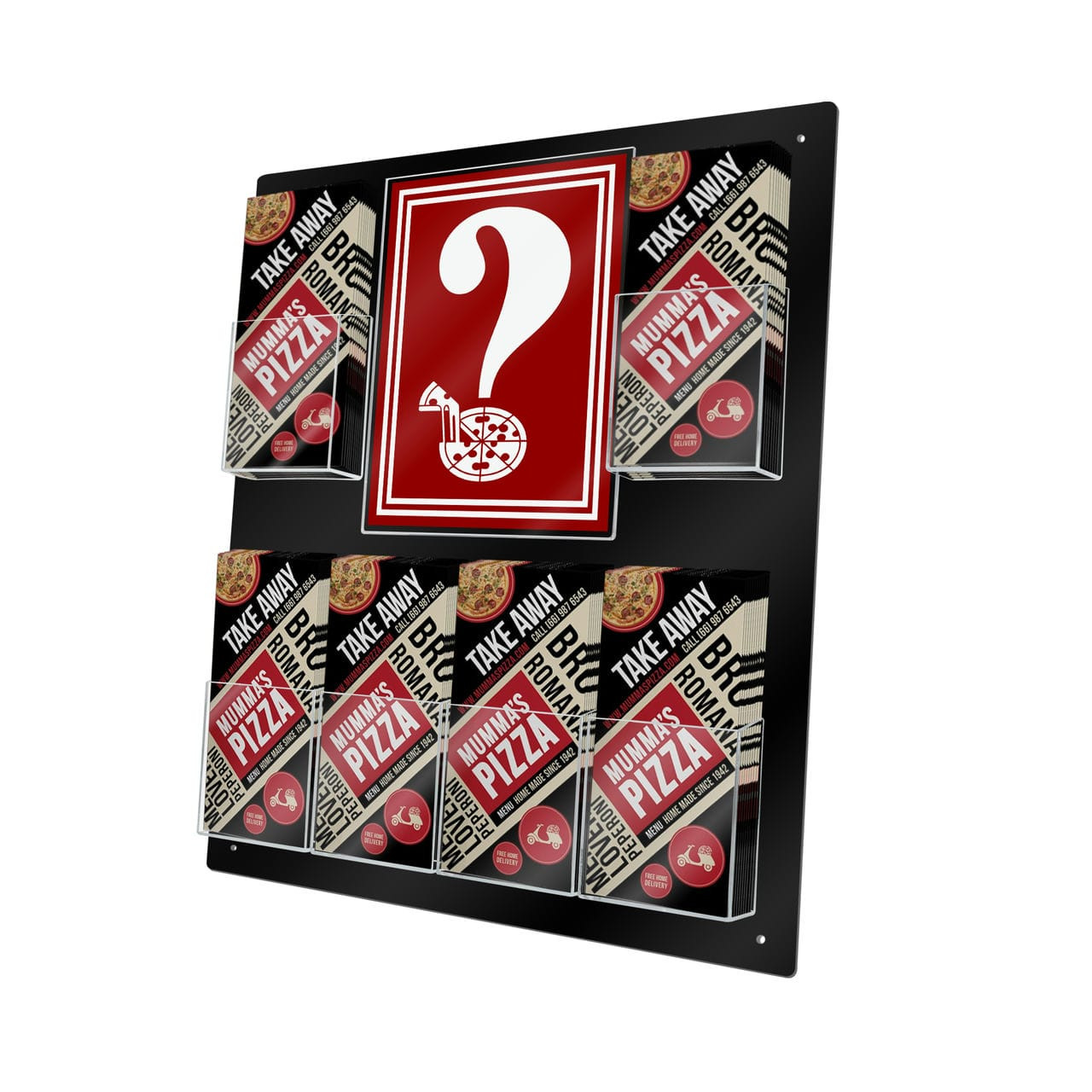 Multi Pocket Wall Mount Brochure Holder with Six Trifold Pockets and One Sign Frame with literature clear pockets and black back