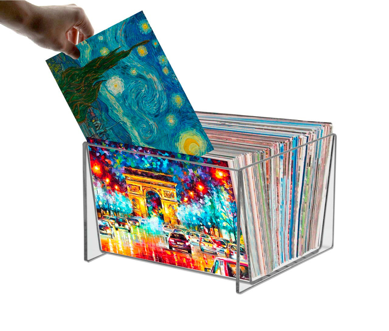 Photo Art Bins Prints Pictures Painting Clear Acrylic Filled With CDs and a hand