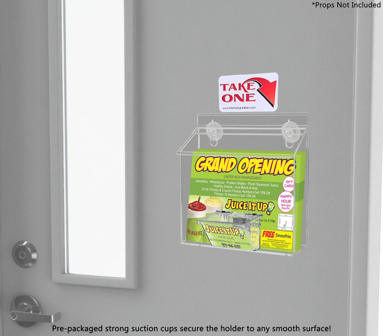 Prepackaged strong suction cups secure the holder to most smooth surfaces