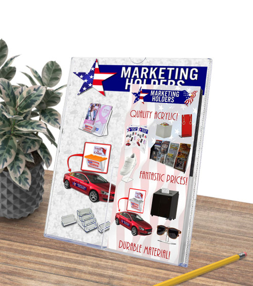 Eight and a half Inch Wide Front Desk Sign with Pamphlet Pocket Slant Back Stand Eight and a half Inch Wide Front Desk Sign with Pamphlet Pocket Slant Back Stand