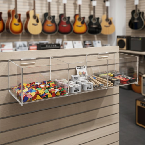 Slatwall 12"W Acrylic 3 Compartment Retail Product Storage Bin