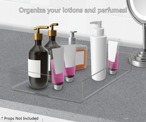 Eight and a Quarter Inches Wide by Two Inches High Tray for Home Decor Premium Clear Counter Top Display in a bathroom on a counter Eight and a Quarter Inches Wide by Two Inches High Tray for Home Decor Premium Clear Counter Top Display in a bathroom on a counter
