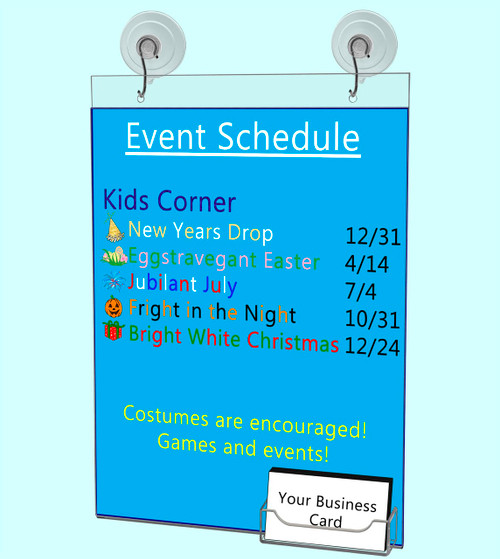 Eight and a half inch wide by eleven inch high Sign Holder with Business Card Pocket  Suction Cups with literature and business cards