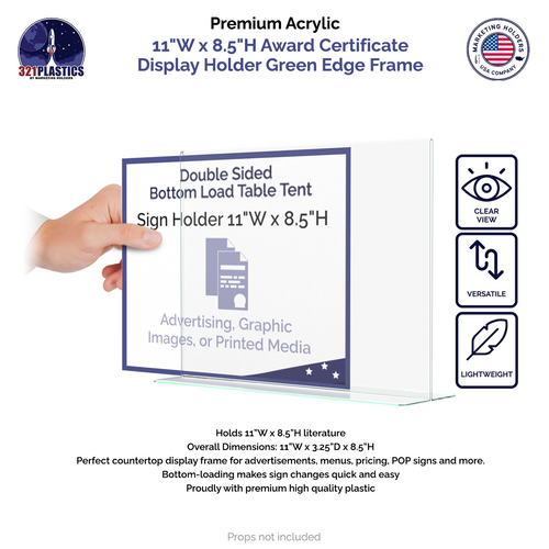 11"W x 8.5"H Award Certificate Display Holder Green Edge Frame