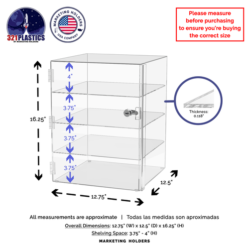 12W x 12D x 16H Acrylic Locking Display Cabinet 3 Shelves