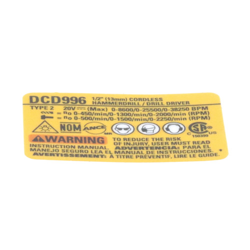 Dewalt N574844 RATING LABEL, DCD996 Type 2