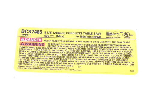 Dewalt N461046 Rating Label