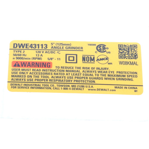 Dewalt N717028 Rating Label