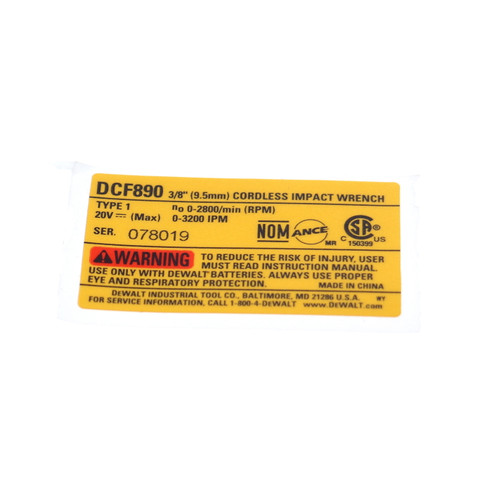Dewalt N476028 Rating Label