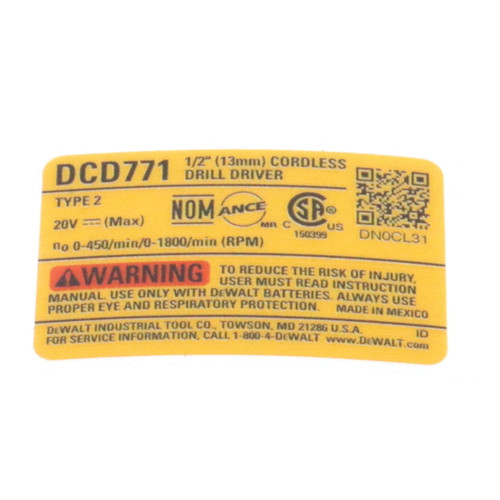 Dewalt N565483 Label Rating Dcd771 Na