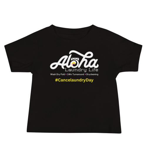 Front view of navy blue baby tee with white Aloha Laundry Life logo, services listed below, and '#Cancelaundryday' in yellow.