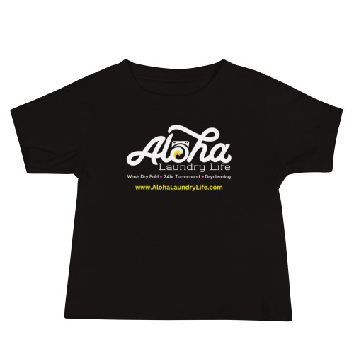 Front view of navy blue baby tee with white Aloha Laundry Life logo, services listed below, and 'www.alohalaundrylife.com' in yellow.