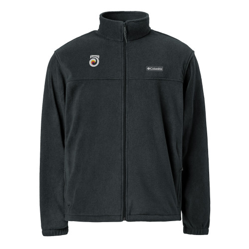 Front view of black unisex Columbia jacket with white Aloha Laundry icon on upper right side.