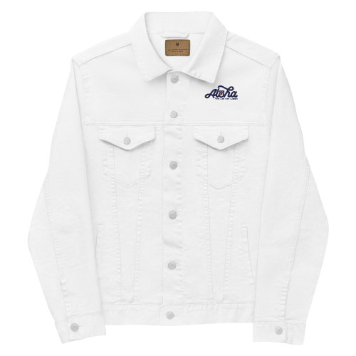 Front view of white unisex Columbia jacket with navy blue Aloha logo on the left side