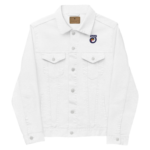 Front view of white unisex Columbia jacket with navy blue Aloha icon on the left side.